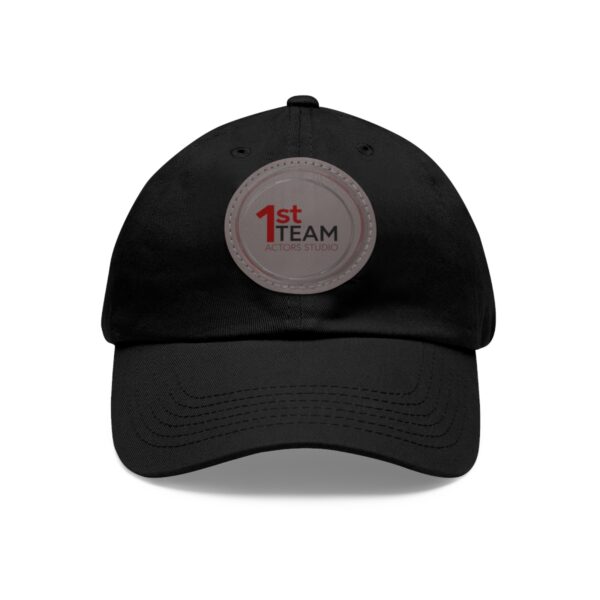 Front of 1st Team Actors Studio Dad Hat with Leather Logo Patch in Black