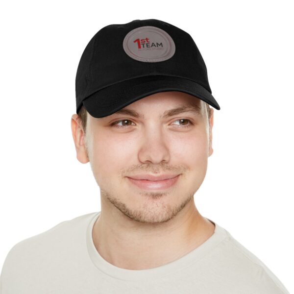 Front of 1st Team Actors Studio Dad Hat with Leather Logo Patch in Black on Male Model