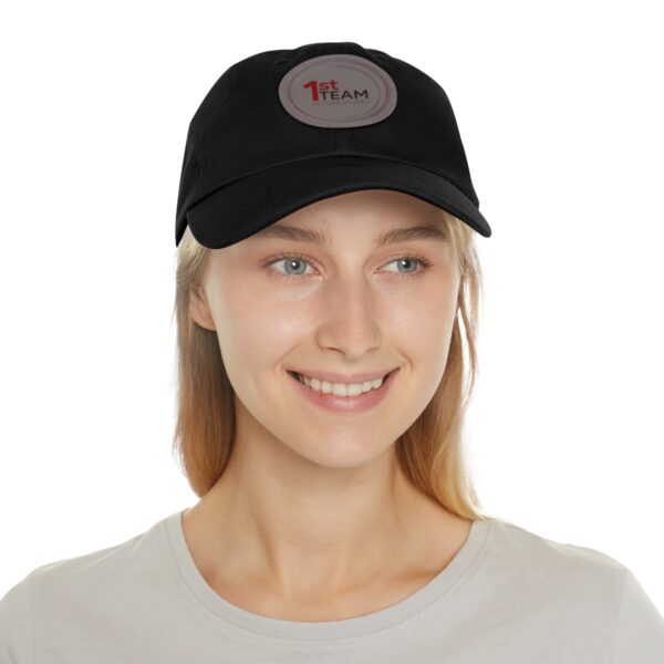 Front of 1st Team Actors Studio Dad Hat with Leather Logo Patch in Black on Female Model