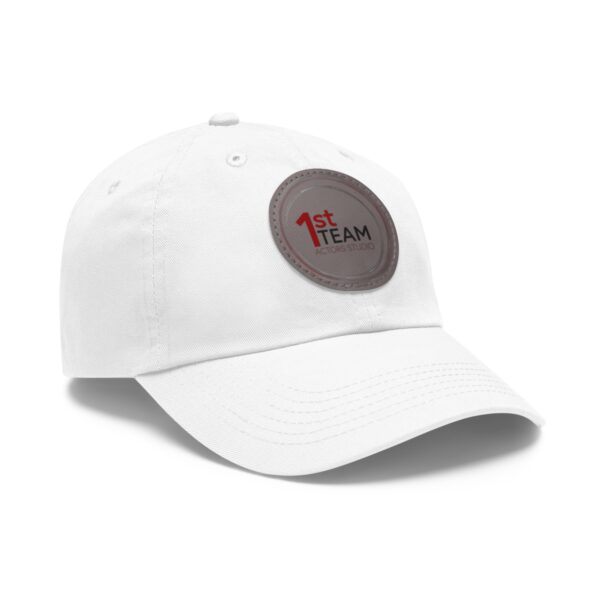 Sideview of 1st Team Actors Studio Dad Hat with Leather Logo Patch in White