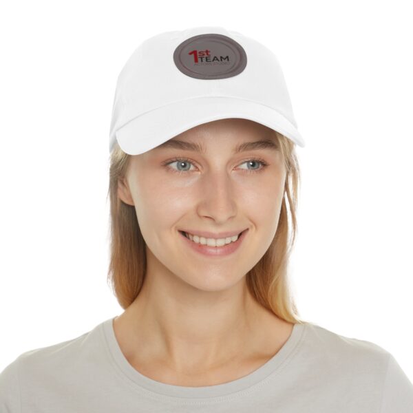 Front of 1st Team Actors Studio Dad Hat with Leather Logo Patch in White on Female Model
