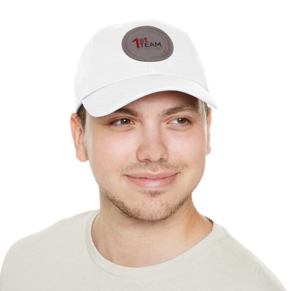 Front of 1st Team Actors Studio Dad Hat with Leather Logo Patch in White on Male Model
