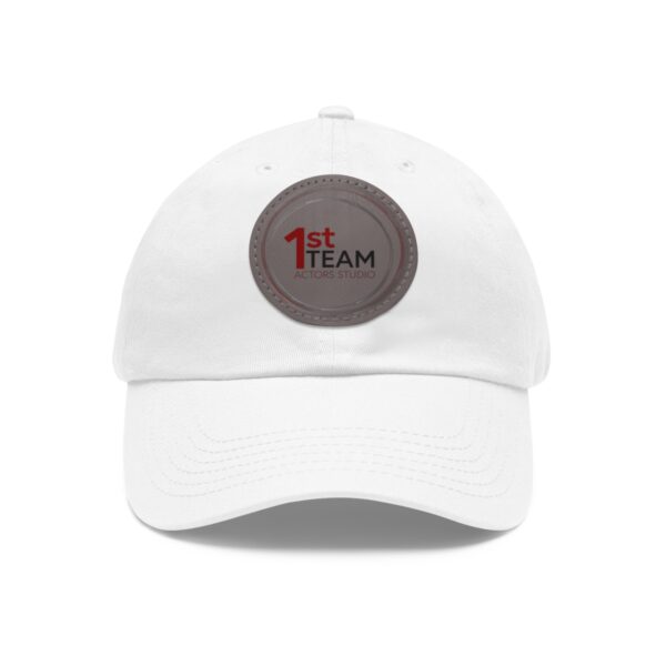 Front of 1st Team Actors Studio Dad Hat with Leather Logo Patch in White